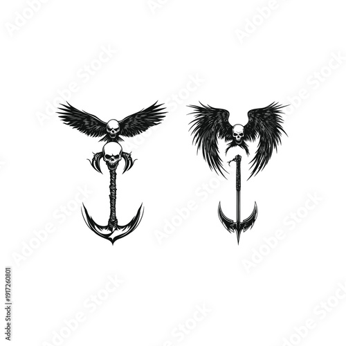 Gothic engraving illustration of a crow perched on a grim reaper scythe with a hanging human skull, dark occult concept.