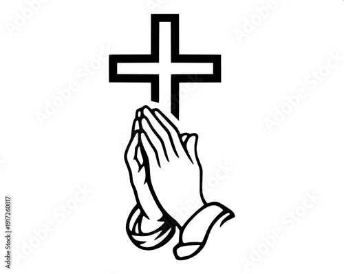 High contrast monochrome crucifix silhouette design, human figure centered on black cross, flat vector style