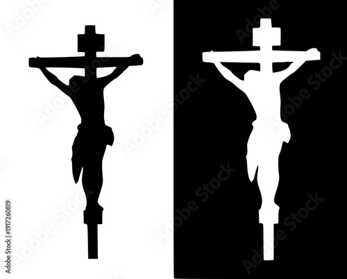 High contrast monochrome crucifix silhouette design, human figure centered on black cross, flat vector style