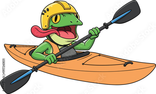 Cartoon frog kayaking adventure illustration with helmet, life vest, paddle, orange kayak, outdoor water sport, and fun nature activity