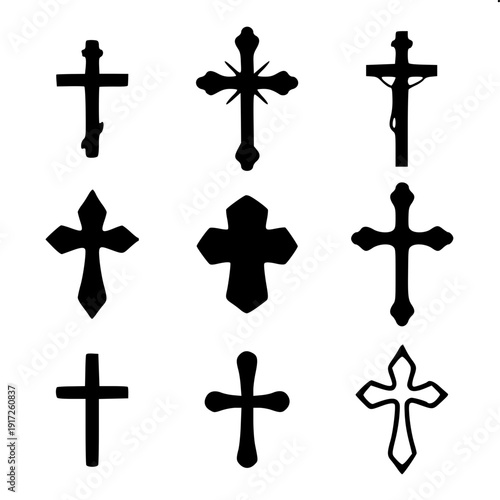High contrast monochrome crucifix silhouette design, human figure centered on black cross, flat vector style