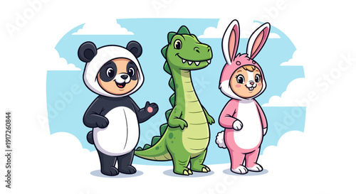 Cartoon Animals in Costume - Panda, Dinosaur, and Bunny.