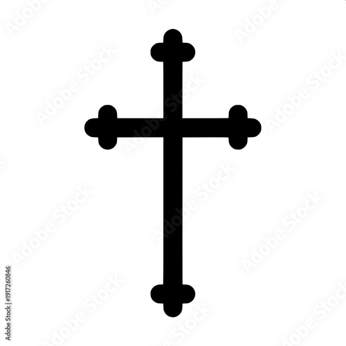 High contrast monochrome crucifix silhouette design, human figure centered on black cross, flat vector style