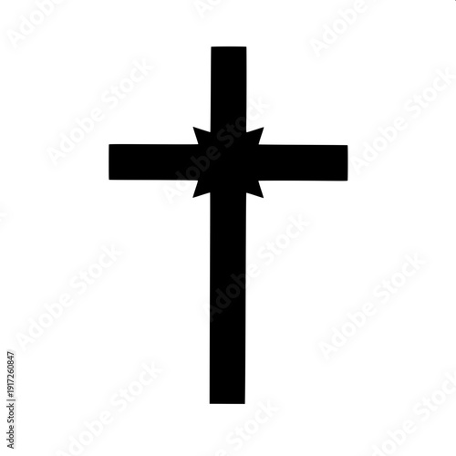 High contrast monochrome crucifix silhouette design, human figure centered on black cross, flat vector style