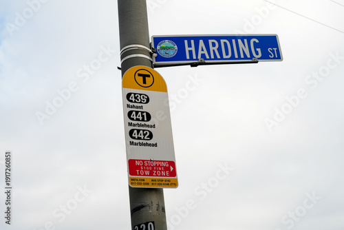 Bus stop sign on a pole in the USA - displaying bus route information and street name, part of urban transportation infrastructure, clear outdoor setting horizontal photo