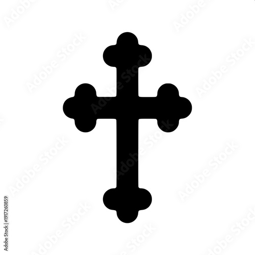 High contrast monochrome crucifix silhouette design, human figure centered on black cross, flat vector style