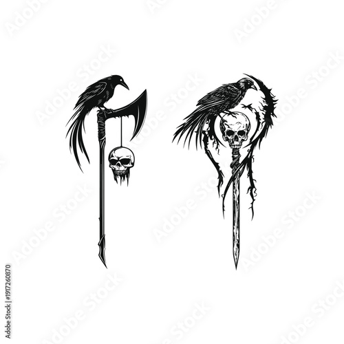 Gothic engraving illustration of a crow perched on a grim reaper scythe with a hanging human skull, dark occult concept.