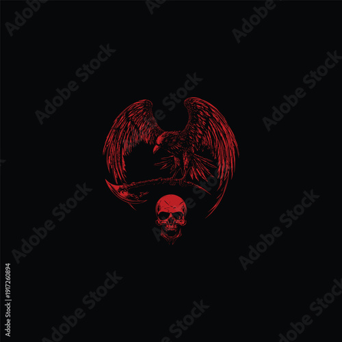 Gothic red ink engraving illustration of a raven with open wings perched on a scythe above a human skull, dark occult concept on black background.