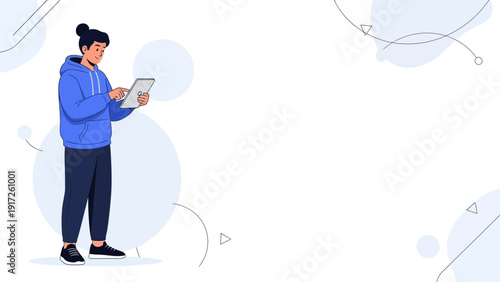 Young man in hoodie using tablet on abstract light blue background with circles