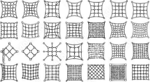 Diverse Set of Hand-Drawn Rope Net Designs: Ideal for Playground Climbing Structures, Safety Barriers, and Decorative Mesh Patterns in Black and White Line Art.