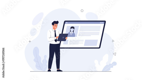 Man with Tablet Reviews Digital Profile on Large Screen, Business Concept