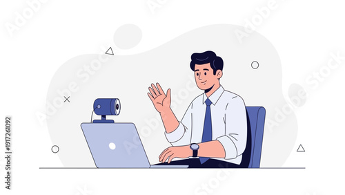 Man waving hello on video call via laptop and webcam, remote work concept