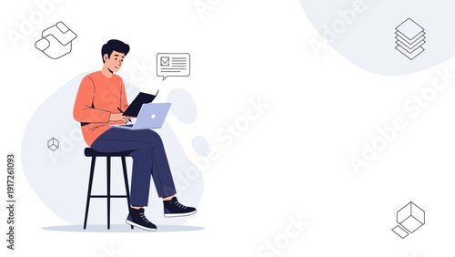 Young man working on laptop, studying, planning, remote work, modern flat illustration