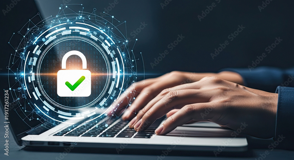 custom made wallpaper toronto digitalPerson typing on laptop with secure padlock icon displayed on screen indicating data protection and cybersecurity measures