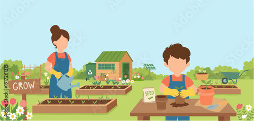 Mother and son gardening together in a sustainable backyard. Vector illustration of planting sprouts, watering flowers, and eco friendly lifestyle with solar panels and recycling bin