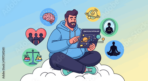 Concept of Life Balance and Well-being Illustrated with Icons and a Person