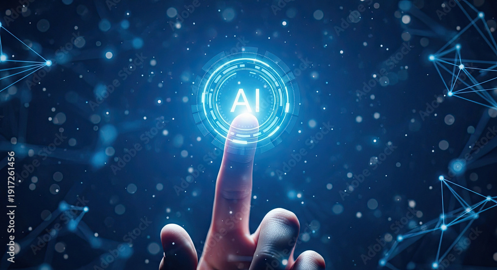 custom made wallpaper toronto digitalA hand with index finger extended touches a glowing blue digital interface amidst a futuristic network of connections and data points