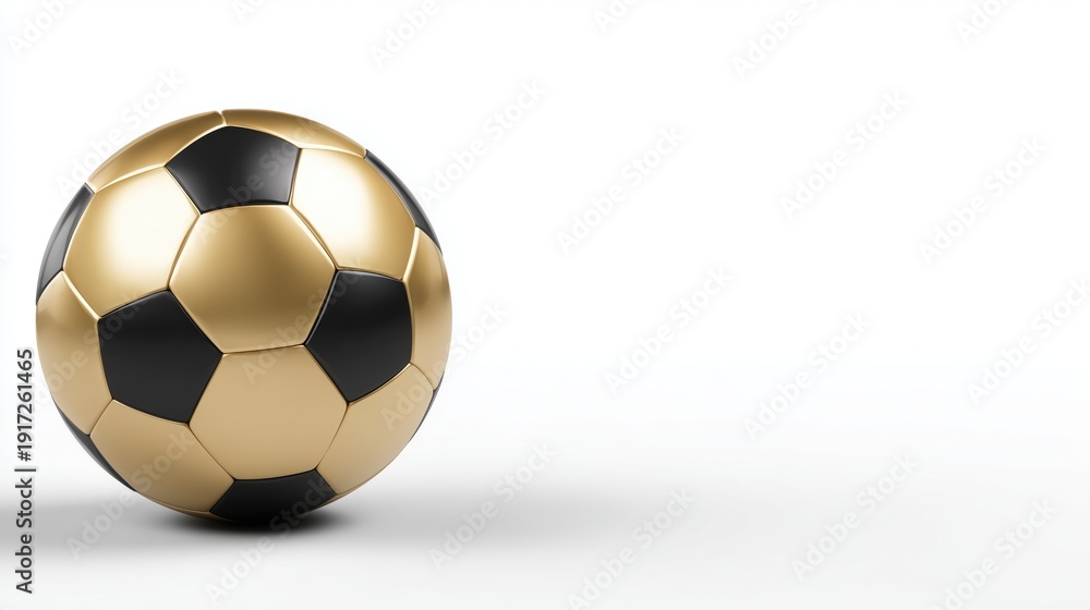 Fototapeta premium A modern soccer ball with a metallic golden finish sits isolated on a clean white surface, perfect for sports branding and growth concepts.