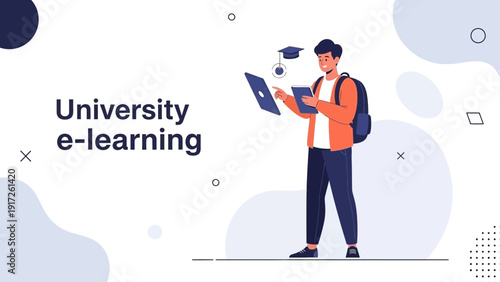 Student learning online with laptop and tablet, university e-learning concept