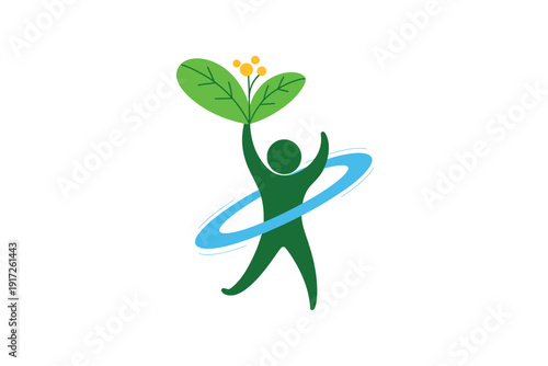 A green figure holding a plant with yellow flowers and a blue circular behind it