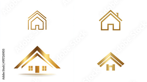 Luxury real estate rental logo, house icon with subtle gold highlights, minimal design, isolated white background, 32k