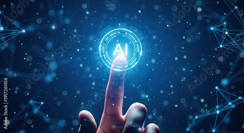 Wallpaper Mural A hand with index finger extended touches a glowing blue digital interface amidst a futuristic network of connections and data points Torontodigital.ca