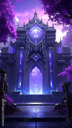 Ornate purple temple entrance amid flowering trees