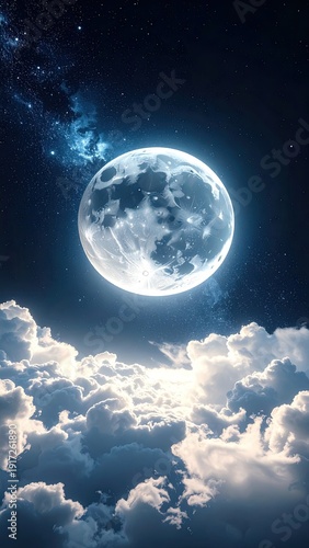Bright moon illuminates fluffy clouds against starry night