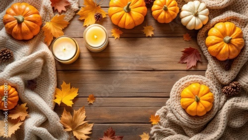 autumn decoration with pumpkins and candles on wooden table