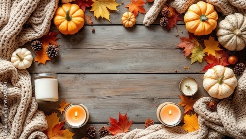 autumn, pumpkins, leaves, candles and knitted blanket on wooden background