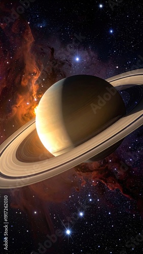 Ringed planet with nebulae and starlight, cosmic view