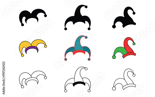 Jester hat vector set, Cartoon jester hat illustration, Joker symbol, Colorful harlequin joker caps collection.