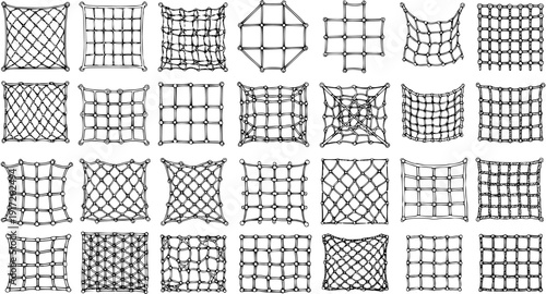 Various Hand-drawn Rope Net and Grid Patterns. Set of Sketch Illustrations for Playgrounds, Safety, Cargo, and Decorative Designs.