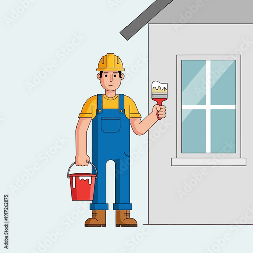 Painter Man Holding Paint Bucket and Brush Near House.