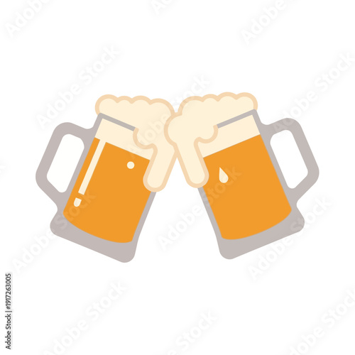 Two beer mugs clinking together with frothy heads in a festive setting outdoors.