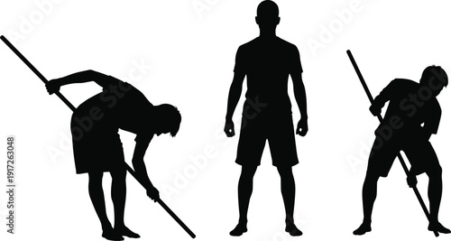 Black Silhouette of Male Workers Using Long Handle Tools and Rakes for Gardening Farming or Construction Labor Activities Isolated on White Background