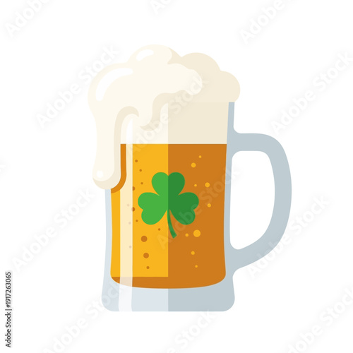 A cartoon illustration of a foamy beer mug with a green shamrock on St. Patrick's Day.