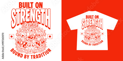 Japanese heritage vector illustration featuring a traditional sumo character, folklore elements, and oriental style artwork. Clean line art design with vintage cultural vibe, perfect for t-shirt