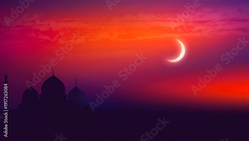 Mosque silhouette beneath glowing crescent moon during sunset sky.