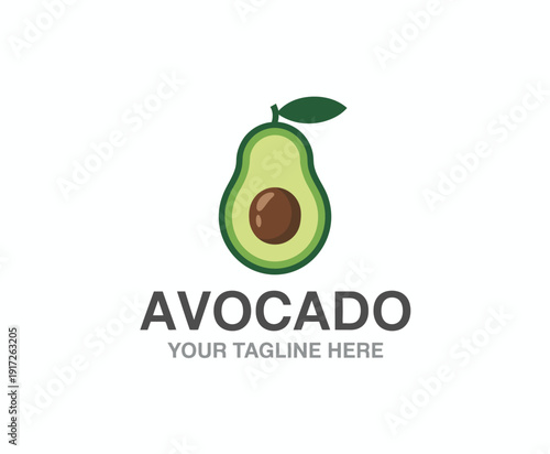 A green avocado with a brown pit and a leaf on with the word avocado and tagline below