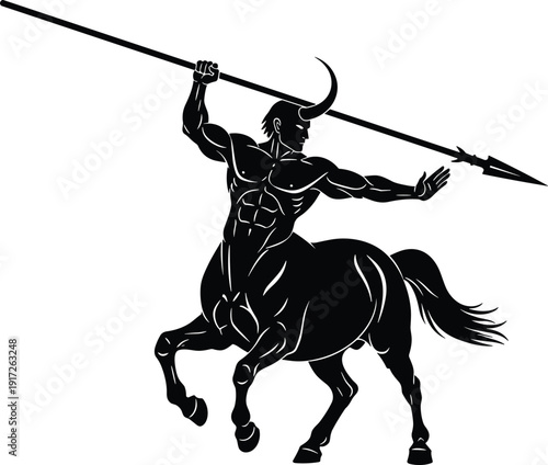 Black Silhouette Vector Illustration of a Powerful Mythological Centaur Warrior with Horns Holding a Long Spear Isolated on White Background for Fantasy Game Design