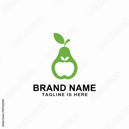 A minimalist featuring a stylized green pear with an apple core inside and text below