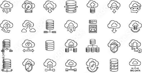Detailed set of cloud computing, data storage, network, and security icons for technology and internet concepts