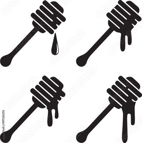 Honey Dipper Stick Silhouette Vector Icon, Honey Dipper Stick Vector Set