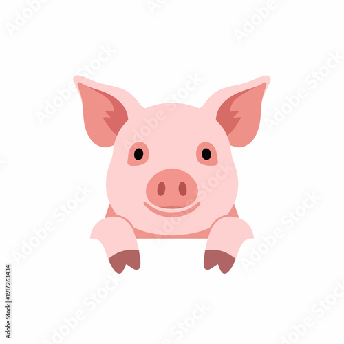 An illustration of a smiling pink pig's face with ears and front legs on a white background.