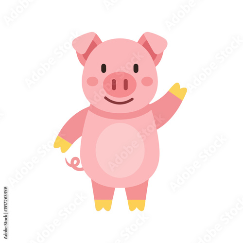 A cheerful pink cartoon pig with yellow hooves waves its hand in a friendly gesture on a white background.