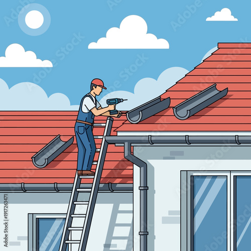 roofer cleaning gutters on roof ladder maintenance worker.