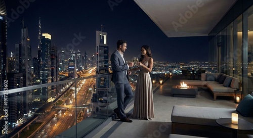 Elegant Couple Toasting on Luxury City Balcony