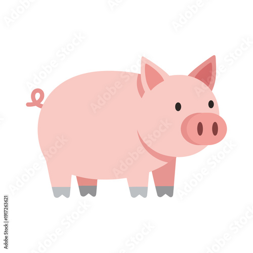 A cartoon pig with a pink body and grey hooves standing on a white background illustration