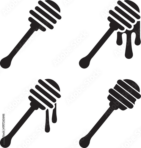 Honey Dipper Stick Silhouette Vector Icon, Honey Dipper Stick Vector Set